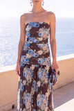 Strapless Coffee Floral A Line Chiffon Maxi Wedding Guest Dress