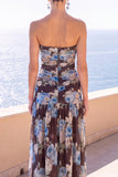 Strapless Coffee Floral A Line Chiffon Maxi Wedding Guest Dress
