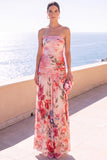 Strapless Coffee Floral A Line Chiffon Maxi Wedding Guest Dress