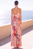 Strapless Coffee Floral A Line Chiffon Maxi Wedding Guest Dress