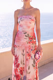 Strapless Coffee Floral A Line Chiffon Maxi Wedding Guest Dress