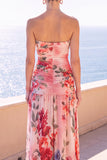 Strapless Coffee Floral A Line Chiffon Maxi Wedding Guest Dress