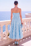 Strapless Corset Green Floral A line Beaded Midi Wedding Guest Dress