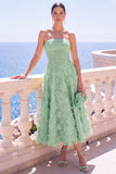 Strapless Corset Green Floral A line Beaded Midi Wedding Guest Dress
