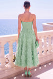 Strapless Corset Green Floral A line Beaded Midi Wedding Guest Dress