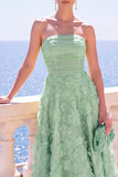 Strapless Corset Green Floral A line Beaded Midi Wedding Guest Dress