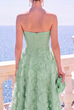 Strapless Corset Green Floral A line Beaded Midi Wedding Guest Dress