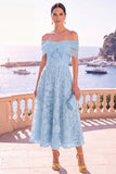 Off The Shoulder Floral A line Blue Midi Wedding Guest Dress