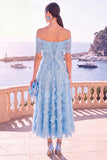 Off The Shoulder Floral A line Blue Midi Wedding Guest Dress