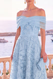 Off The Shoulder Floral A line Blue Midi Wedding Guest Dress