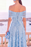 Off The Shoulder Floral A line Blue Midi Wedding Guest Dress