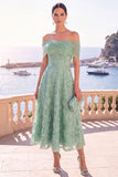 Off The Shoulder Floral A line Blue Midi Wedding Guest Dress
