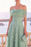 Off The Shoulder Floral A line Blue Midi Wedding Guest Dress