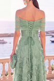 Off The Shoulder Floral A line Blue Midi Wedding Guest Dress