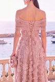 Off The Shoulder Floral A line Blue Midi Wedding Guest Dress