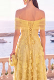 Off The Shoulder Floral A line Blue Midi Wedding Guest Dress