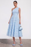 One Shoulder Pink Floral A line Midi Wedding Guest Dress