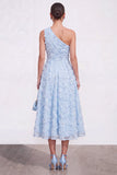 One Shoulder Pink Floral A line Midi Wedding Guest Dress