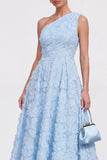 One Shoulder Pink Floral A line Midi Wedding Guest Dress