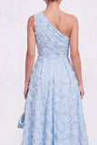 One Shoulder Pink Floral A line Midi Wedding Guest Dress
