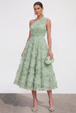 One Shoulder Pink Floral A line Midi Wedding Guest Dress