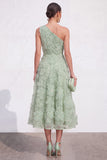 One Shoulder Pink Floral A line Midi Wedding Guest Dress
