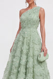 One Shoulder Pink Floral A line Midi Wedding Guest Dress