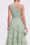 One Shoulder Pink Floral A line Midi Wedding Guest Dress