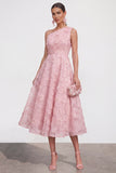 One Shoulder Pink Floral A line Midi Wedding Guest Dress