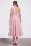 One Shoulder Pink Floral A line Midi Wedding Guest Dress
