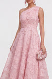 One Shoulder Pink Floral A line Midi Wedding Guest Dress