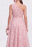 One Shoulder Pink Floral A line Midi Wedding Guest Dress