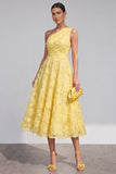 One Shoulder Pink Floral A line Midi Wedding Guest Dress