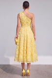 One Shoulder Pink Floral A line Midi Wedding Guest Dress