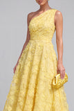 One Shoulder Pink Floral A line Midi Wedding Guest Dress