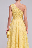 One Shoulder Pink Floral A line Midi Wedding Guest Dress