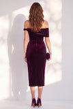Asymmetrical Neck Burgundy Sheath Midi Velvet Dress