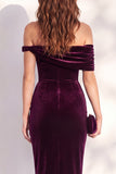 Asymmetrical Neck Burgundy Sheath Midi Velvet Dress