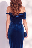 Asymmetrical Neck Burgundy Sheath Midi Velvet Dress