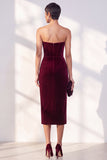 Strapless Corset Burgundy Sheath Midi Velvet Dress