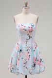 Strapless Floral Blue A Line Homecoming Dress With Pockets