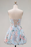 Strapless Floral Blue A Line Homecoming Dress With Pockets
