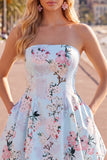 Strapless Floral Blue A Line Homecoming Dress With Pockets