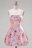Strapless Floral Blue A Line Homecoming Dress With Pockets