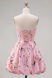 Strapless Floral Blue A Line Homecoming Dress With Pockets