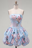 Pink Strapless Floral A Line Homecoming Dress