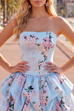 Pink Strapless Floral A Line Homecoming Dress