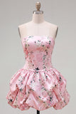 Pink Strapless Floral A Line Homecoming Dress