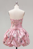 Pink Strapless Floral A Line Homecoming Dress