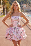 Pink Strapless Floral A Line Homecoming Dress